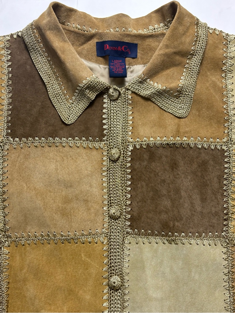 VTG Denim & Co Patchwork Suede Leather Jacket Crochet Trim L Boho - Picture 4 of 12
